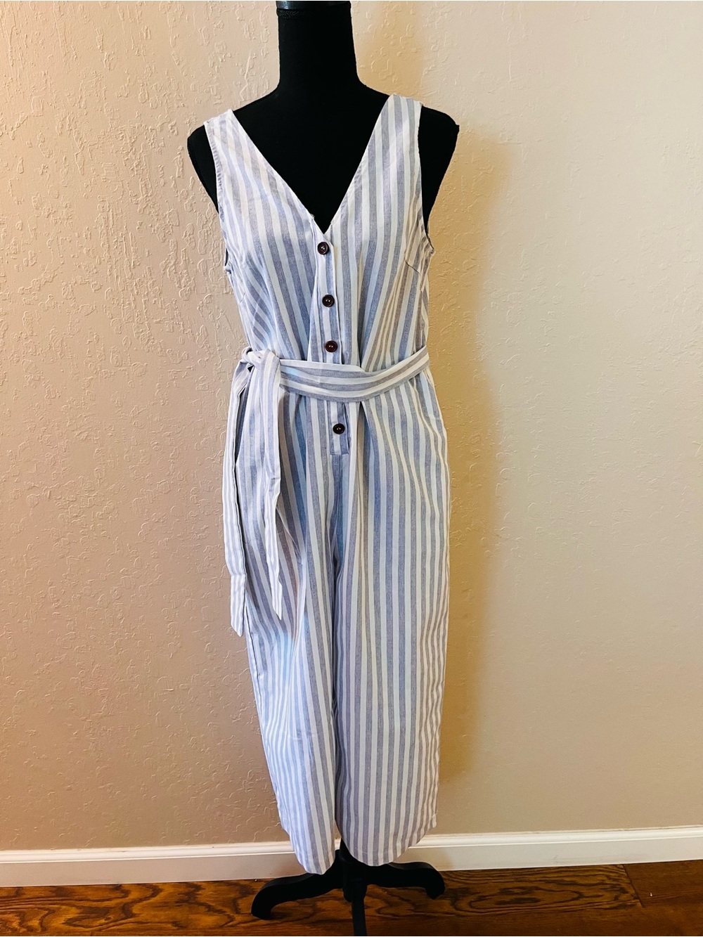 Striped Sleeveless V-Neck Jumpsuit with Tie Belt in Blue & White